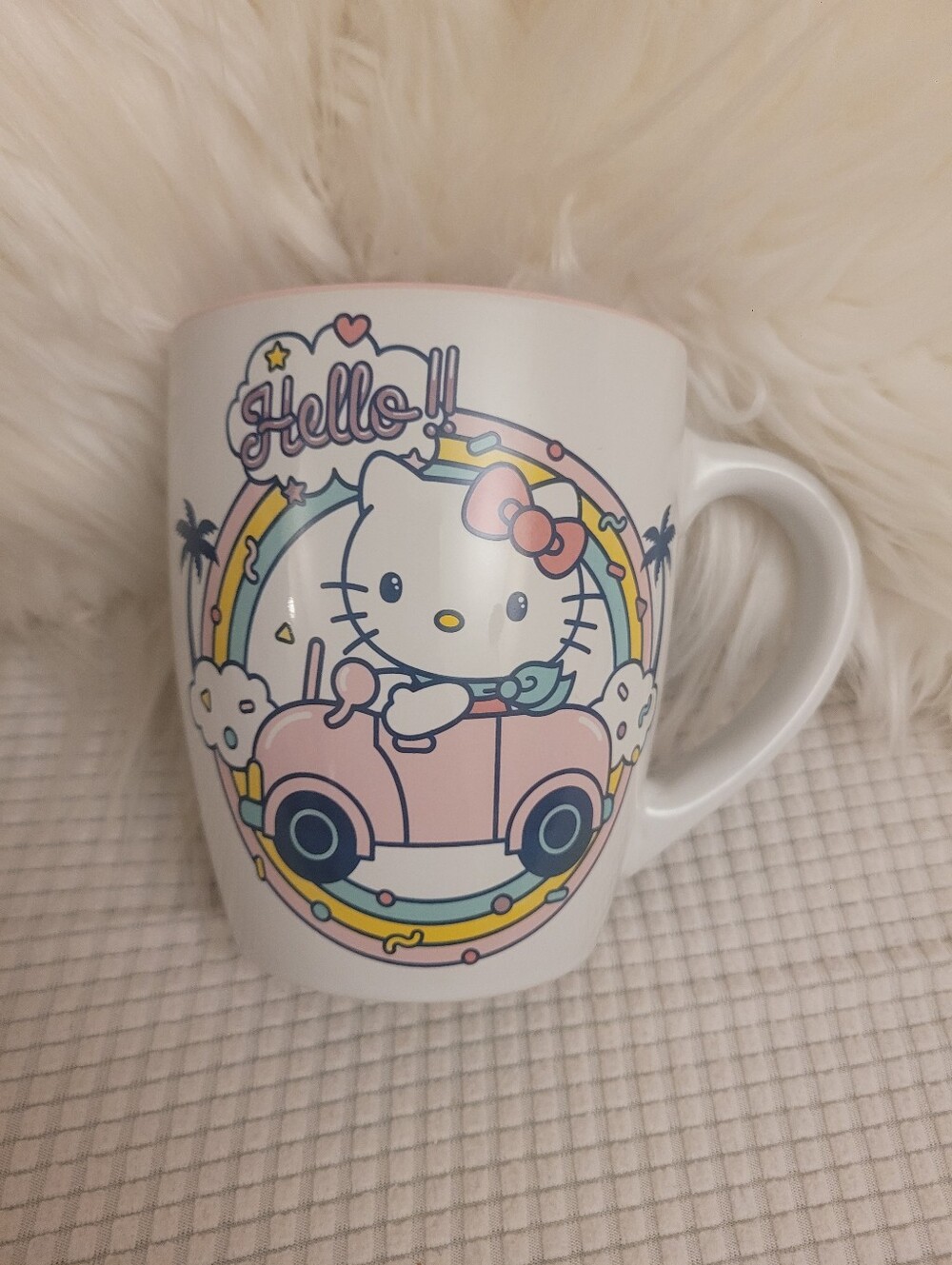 Hello Kitty Pink and White Ceramic Big Mug 20 Oz with Pastel Rainbow Car Design